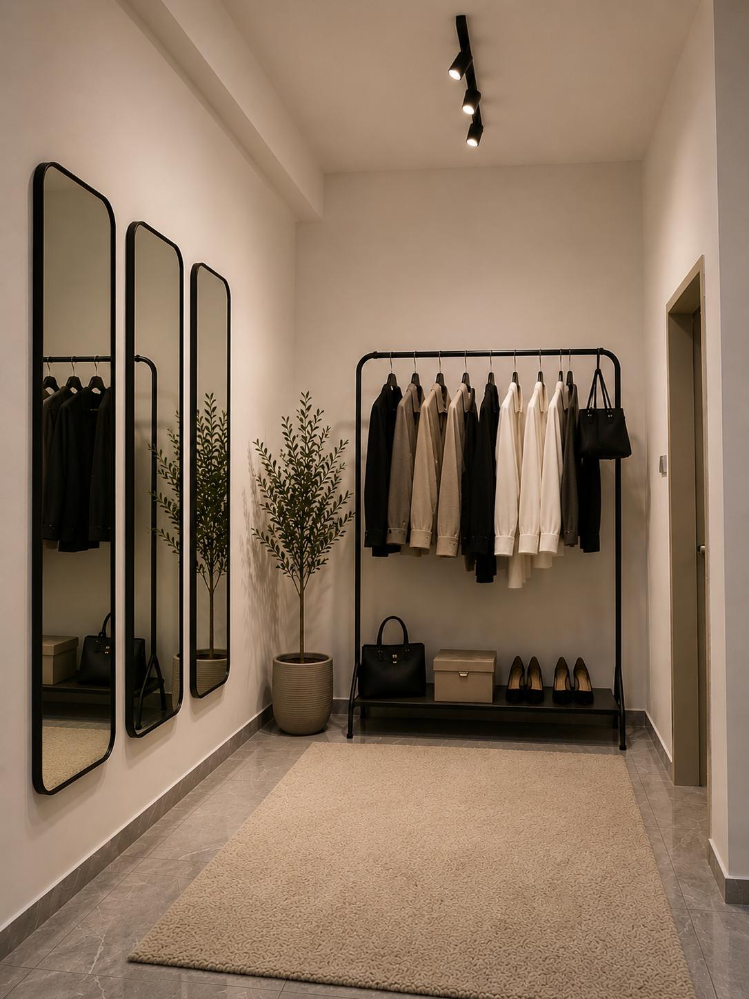 Entry hall with mirrors, wardrobe rack, and calm neutral styling