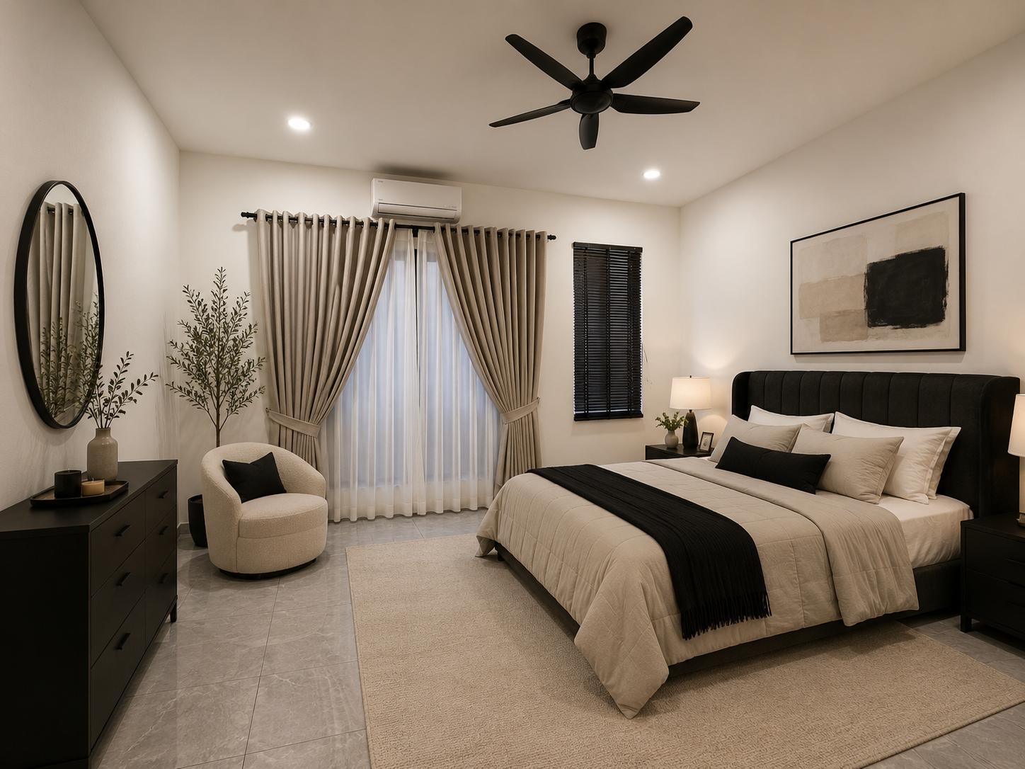 Primary bedroom with clean neutral styling and generous space